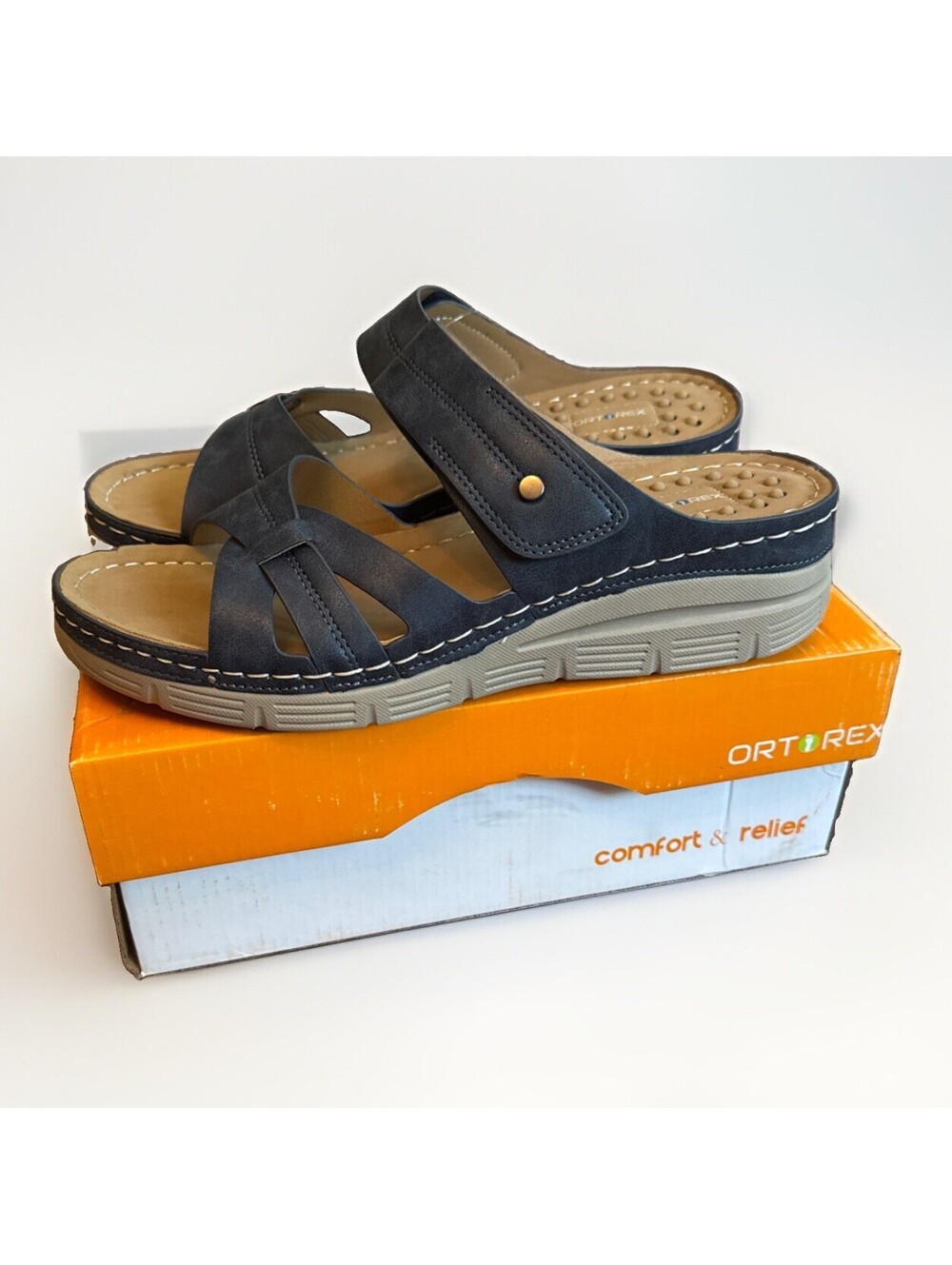 New In Box Navy Blue Orthorex Arch Support Orthopedic Walking Sandals Size 10